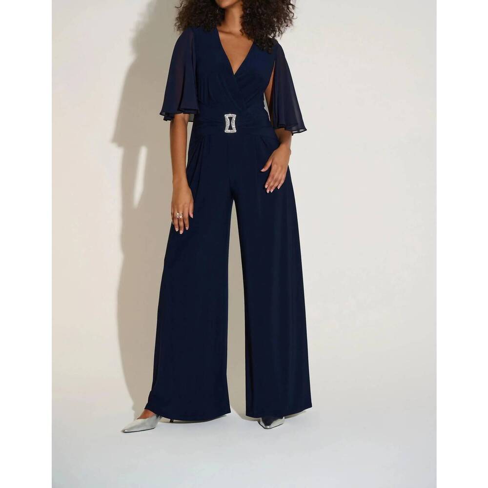 NEW JOSEPH RIBKOFF ruched flutter cape sleeve jumpsuit in midnight blue